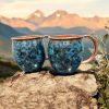 Set of Two Copper Barrel Mugs, Hammered and Stained Blue Patina