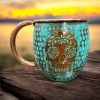 Set of Two Copper Barrel Mugs with Chiselled Skull (Day of the Dead), Hammered and Turquoise Patina