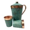 Set of One Copper Pitcher with Top and Two Tumblers, Hammered and Turquoise Patina